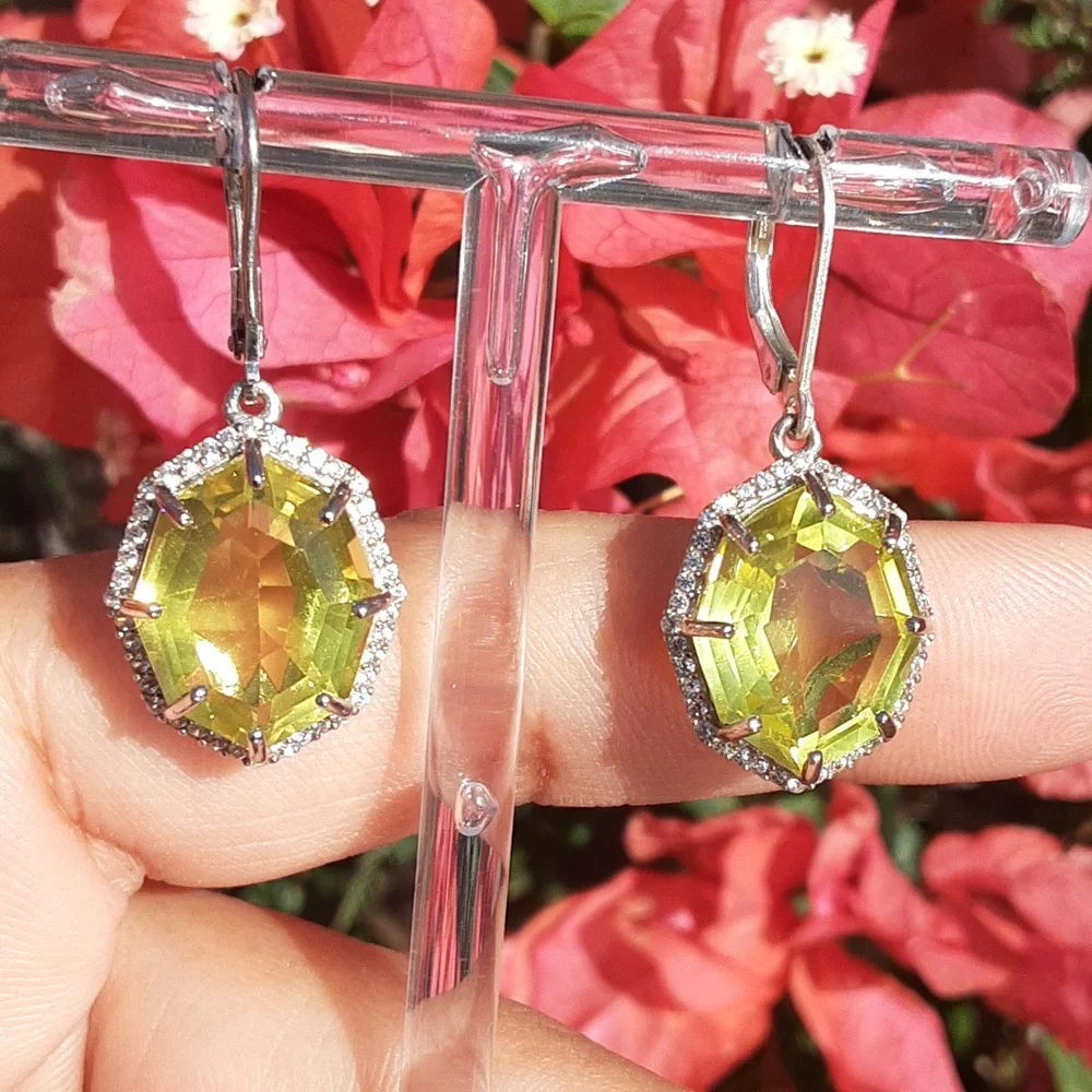 925 Golden Green Quartz And White Zircon Drop Earrings. FIRM. - Picture 3 of 3